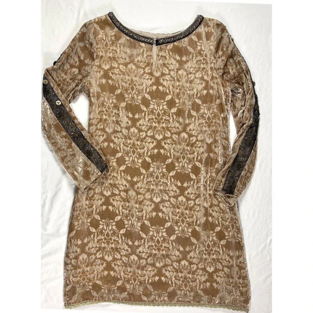 Sundance Champagne Dreams Velvet Burnout Damask Shift Dress Beaded 14 Silk Event